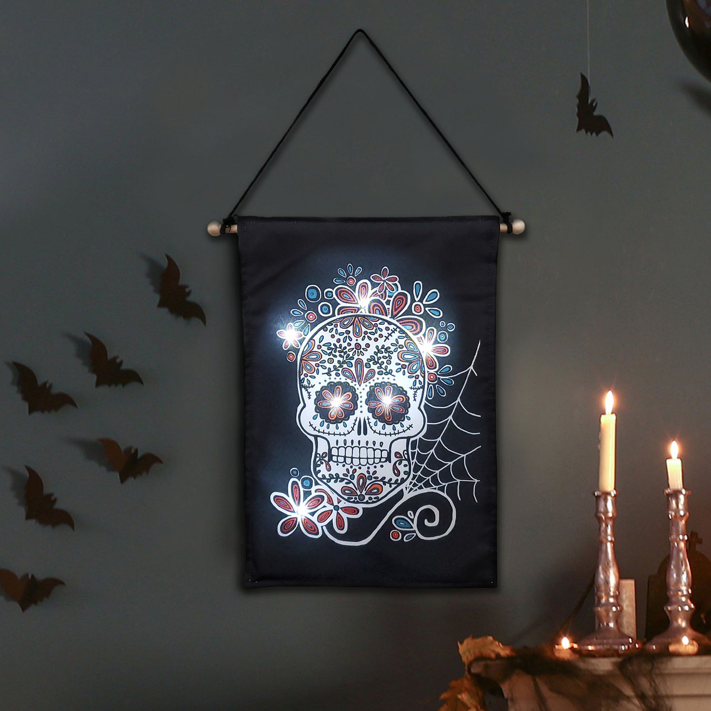 Battery-Operated Lighted Wall Banner - Sugar Skull