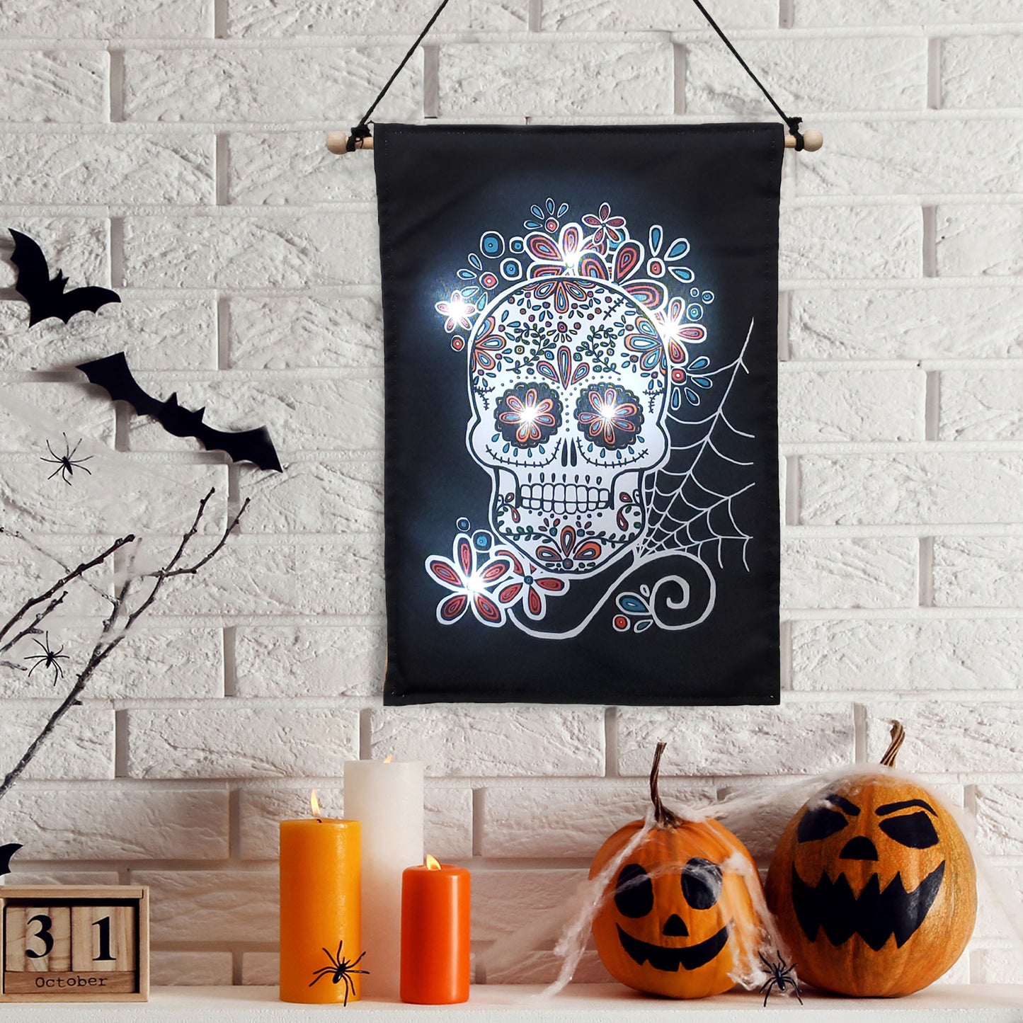 Battery-Operated Lighted Wall Banner - Sugar Skull