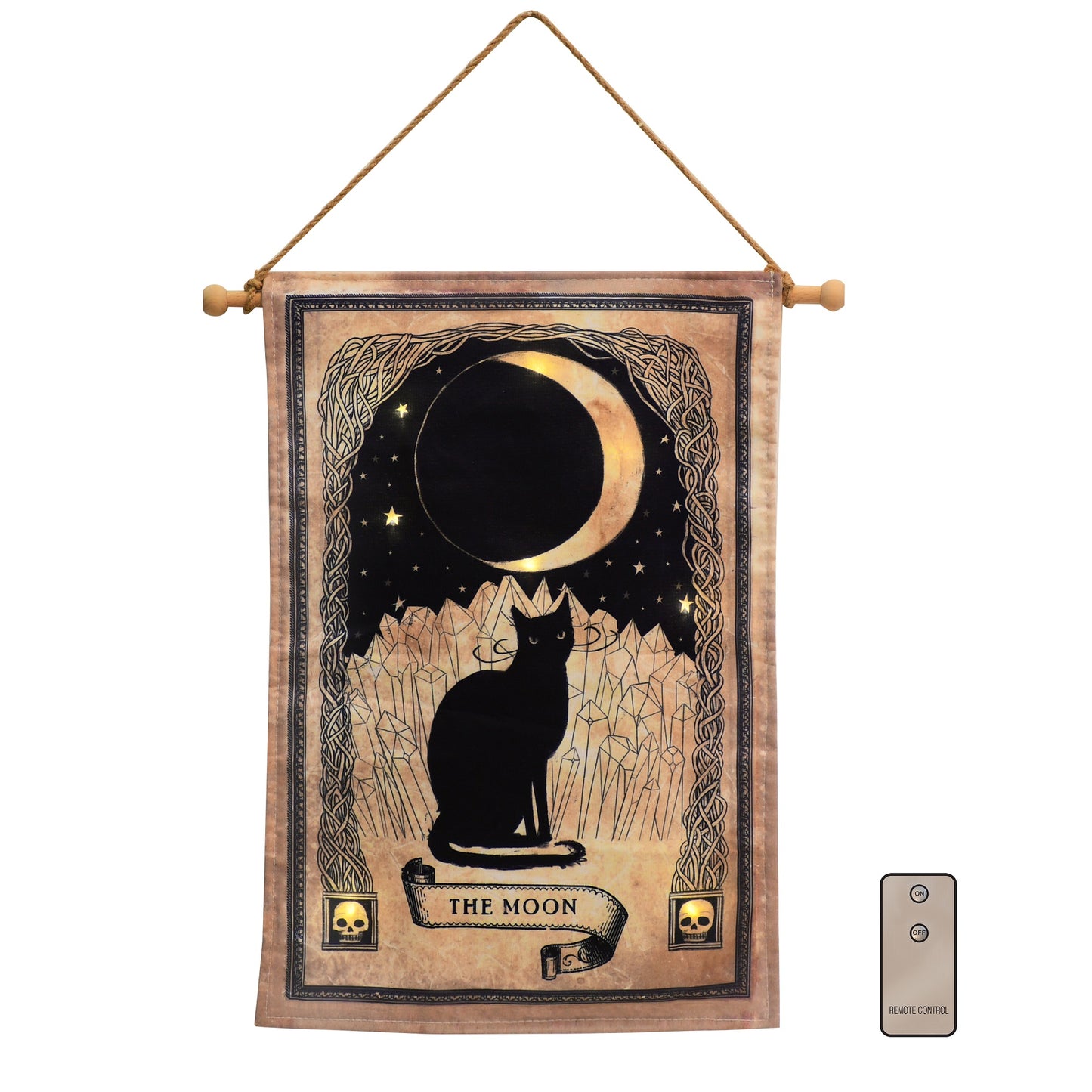 Battery-Operated Lighted Wall Banner with Remote Control - Black Cat and Moon