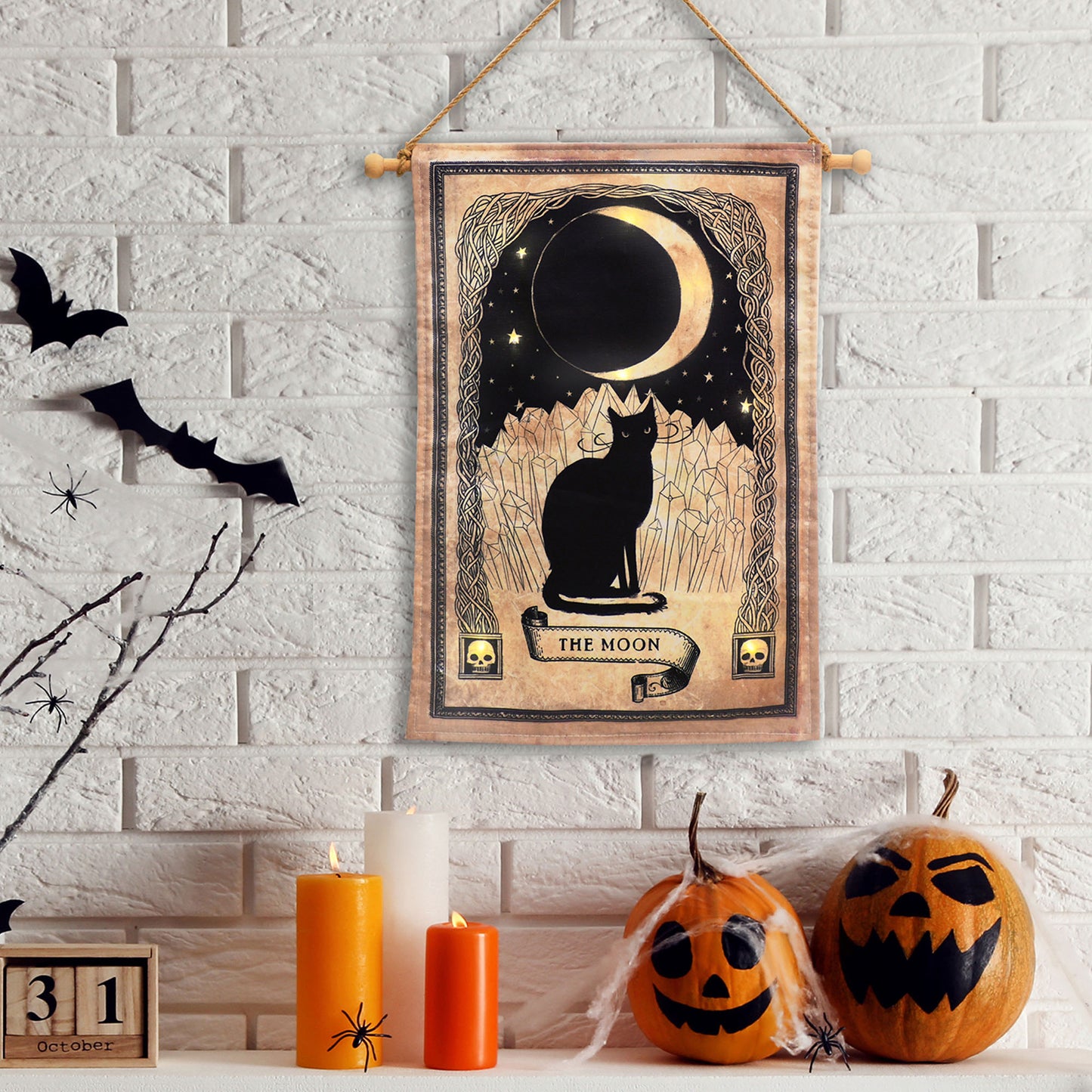 Battery-Operated Lighted Wall Banner with Remote Control - Black Cat and Moon