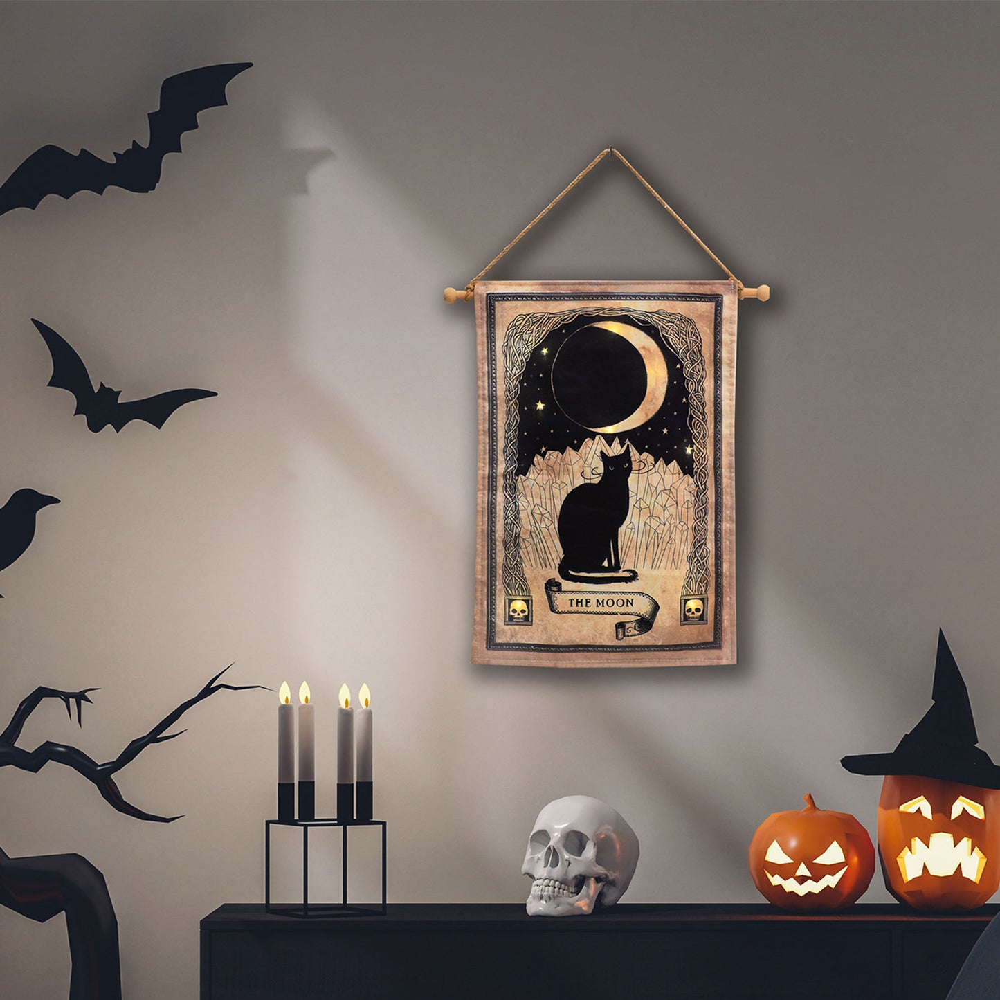 Battery-Operated Lighted Wall Banner with Remote Control - Black Cat and Moon