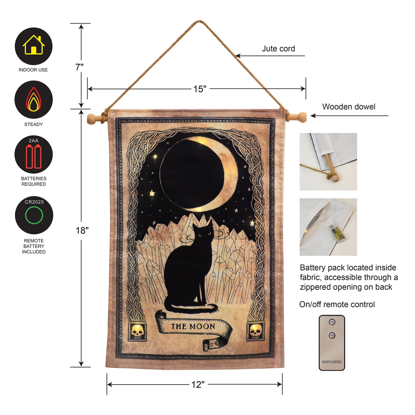 Battery-Operated Lighted Wall Banner with Remote Control - Black Cat and Moon