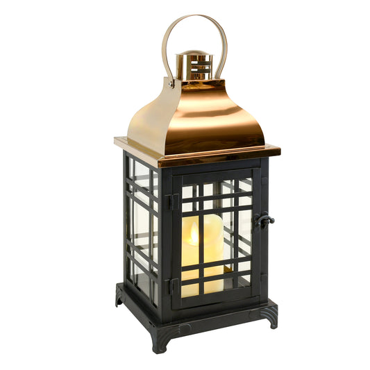 Metal Lantern with LED Motion Flame Candle - Black with Copper Roof