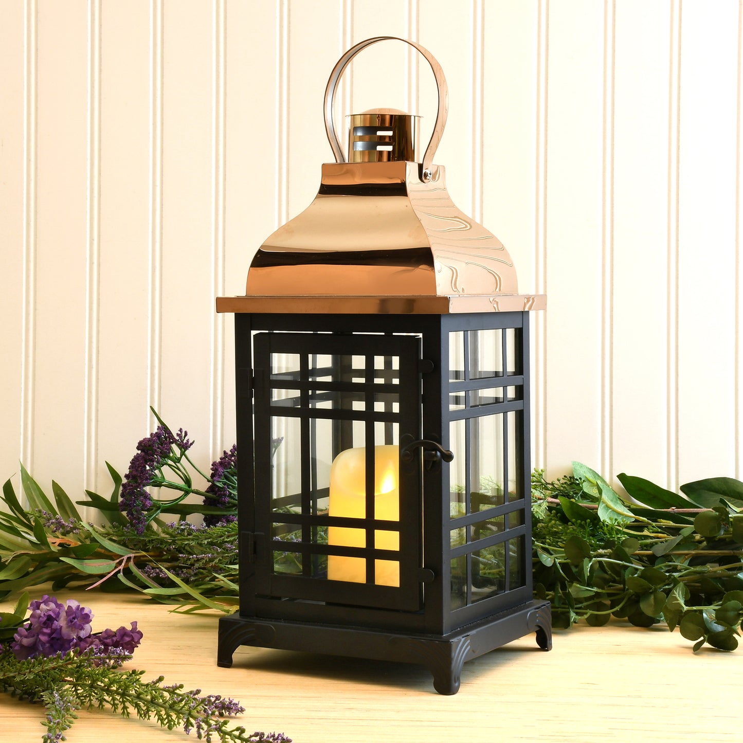 Metal Lantern with LED Motion Flame Candle - Black with Copper Roof