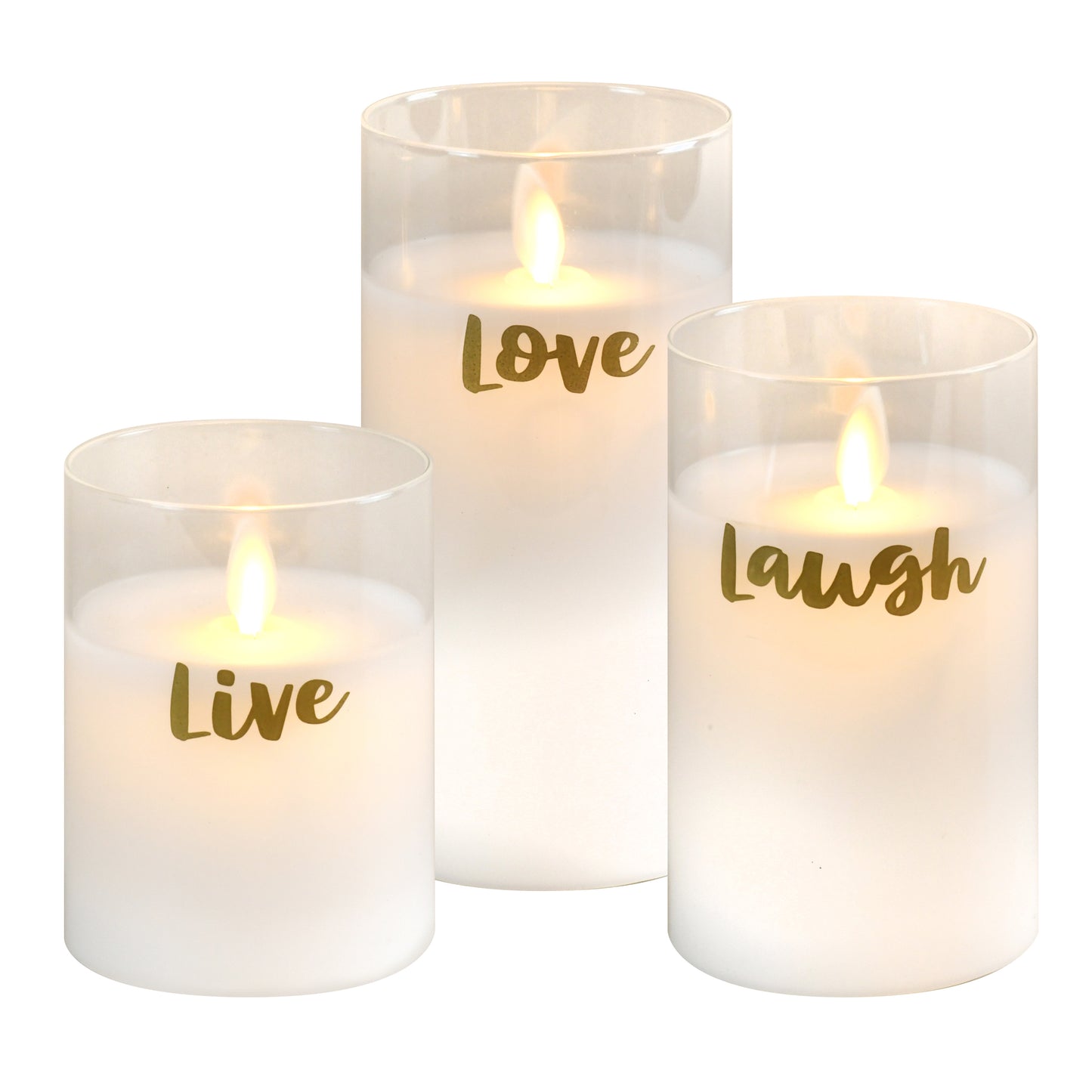 Battery Operated LED Glass Candles with Flickering Flame, Live Laugh Love - Set of 3