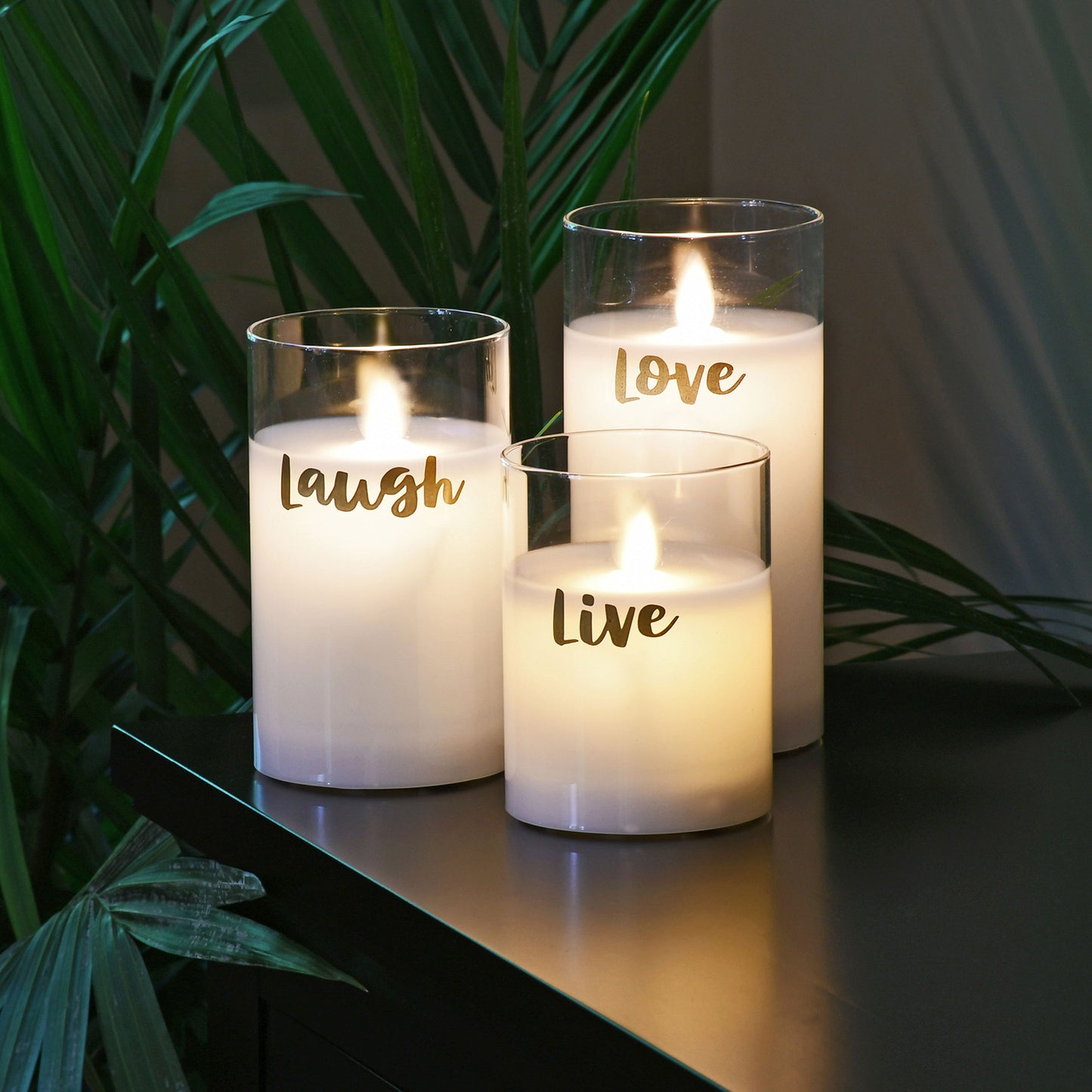 Battery Operated LED Glass Candles with Flickering Flame, Live Laugh Love - Set of 3