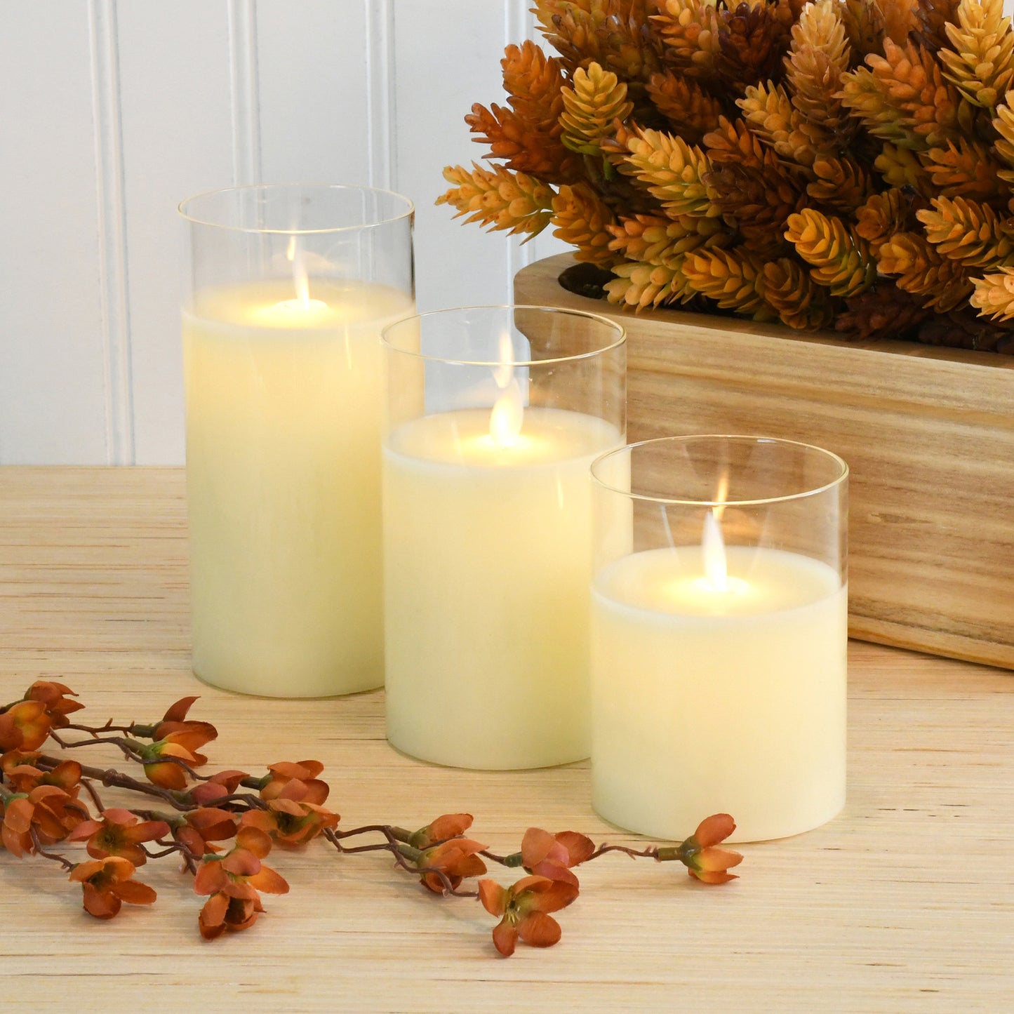 Battery Operated Glass Hurricane LED Candles with Flickering Flame - Set of 3