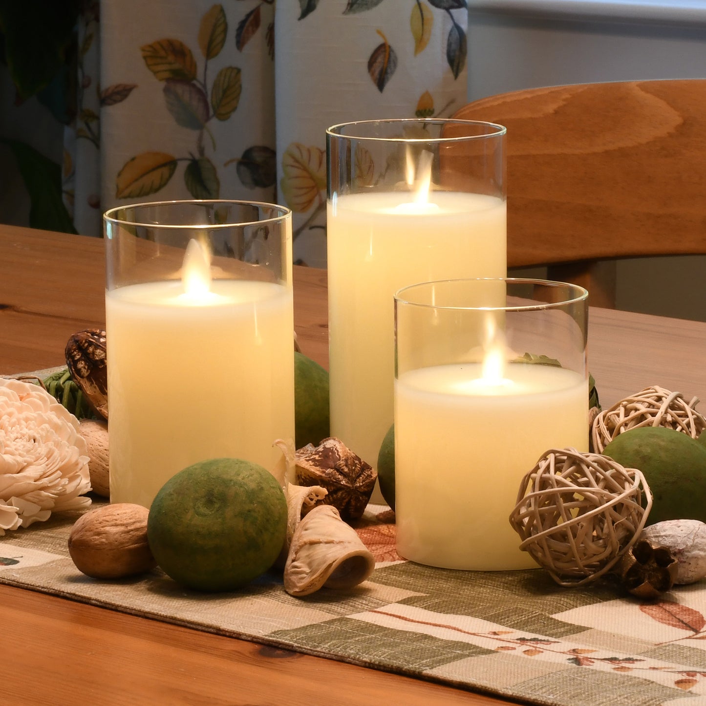 Battery Operated Glass Hurricane LED Candles with Flickering Flame - Set of 3