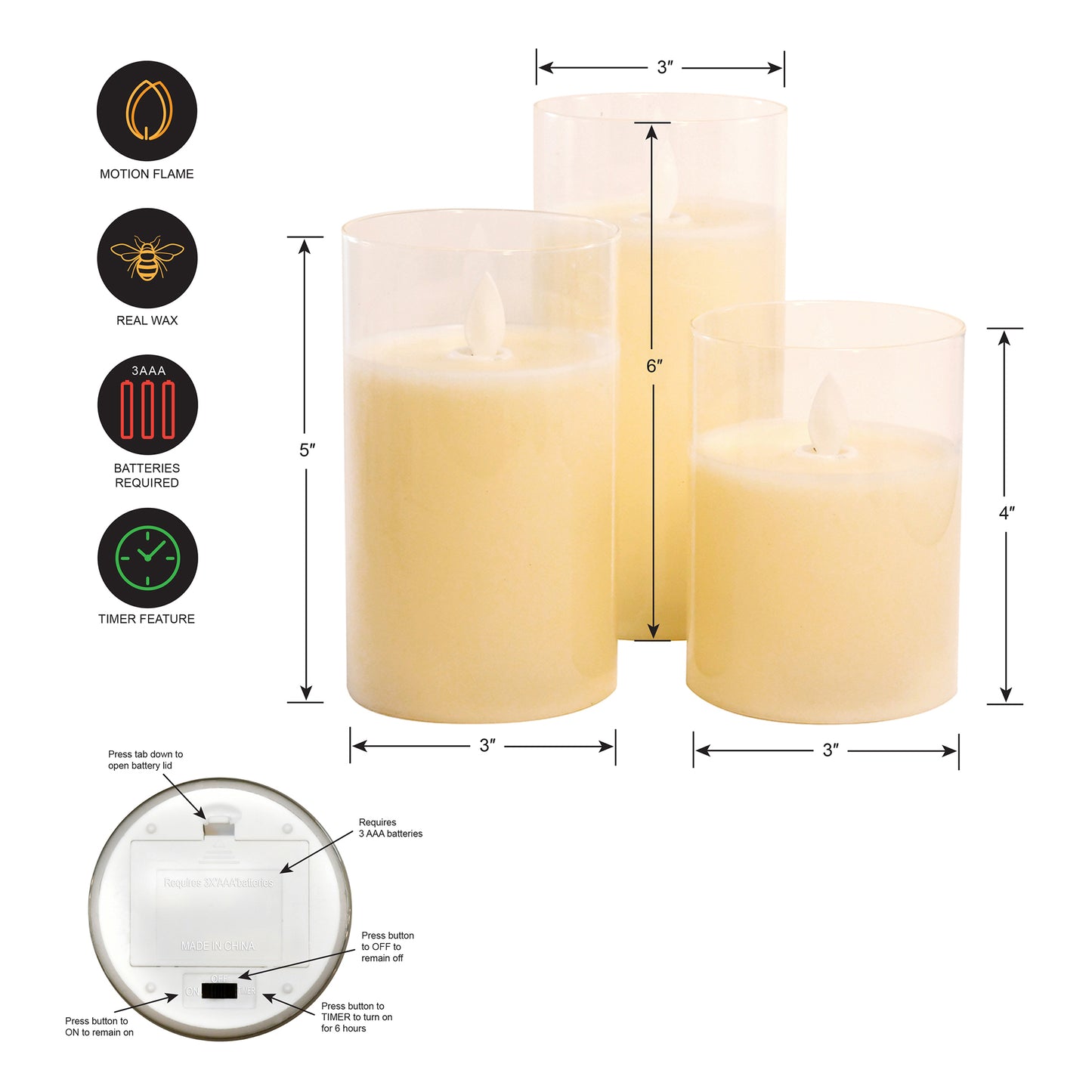 Battery Operated Glass Hurricane LED Candles with Flickering Flame - Set of 3