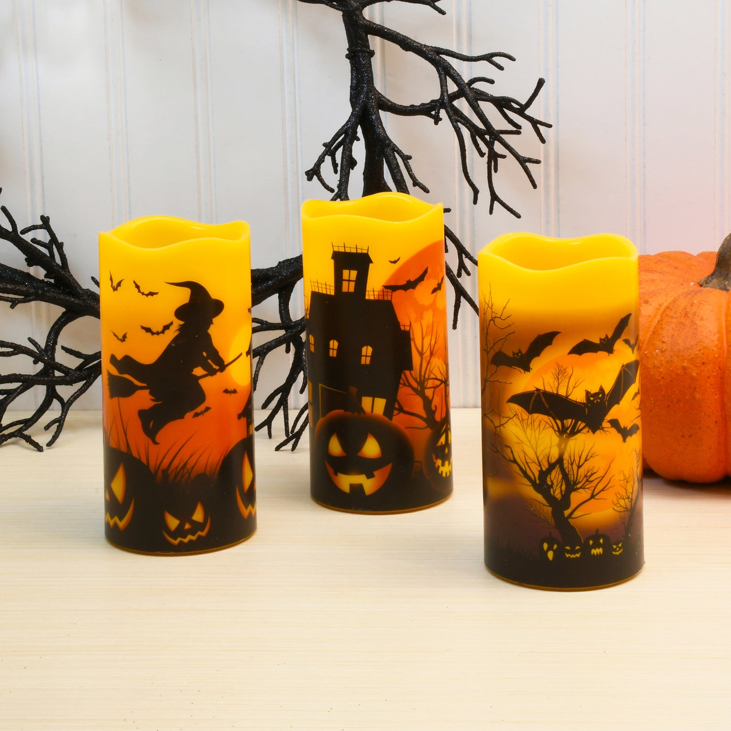 Battery Operated LED Wax Candles, Halloween - Set of 3
