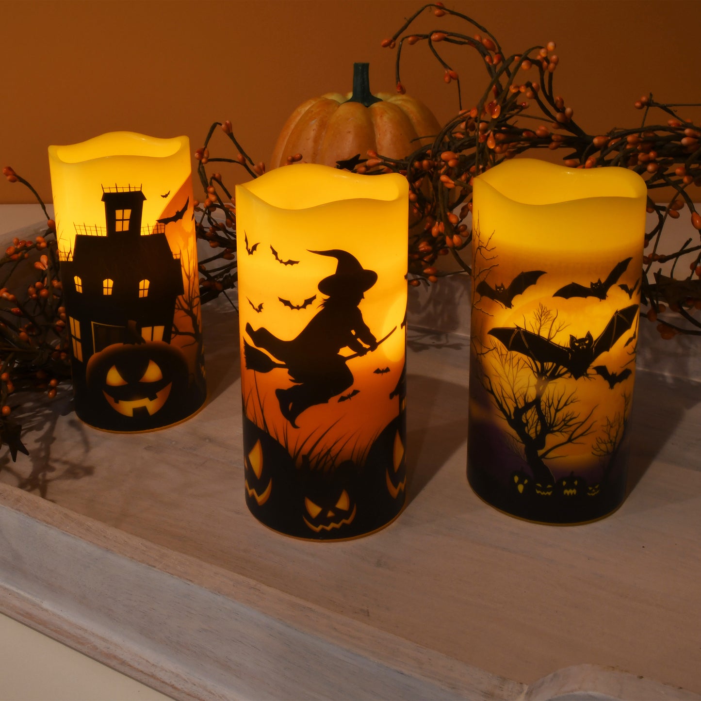 Battery Operated LED Wax Candles, Halloween - Set of 3