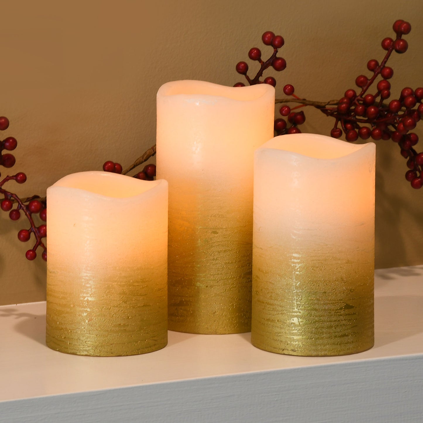 Battery Operated LED Wax Candles, Gold - Set of 3