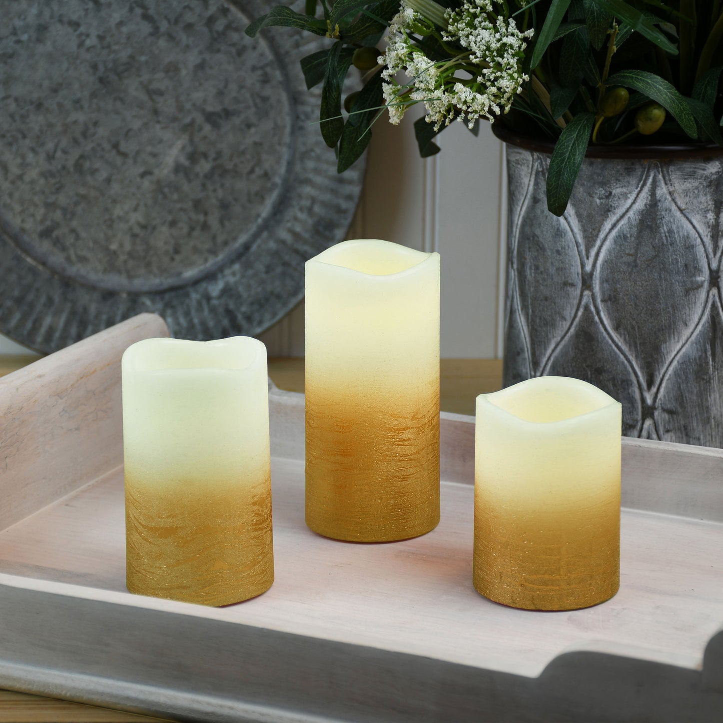 Battery Operated LED Wax Candles, Gold - Set of 3