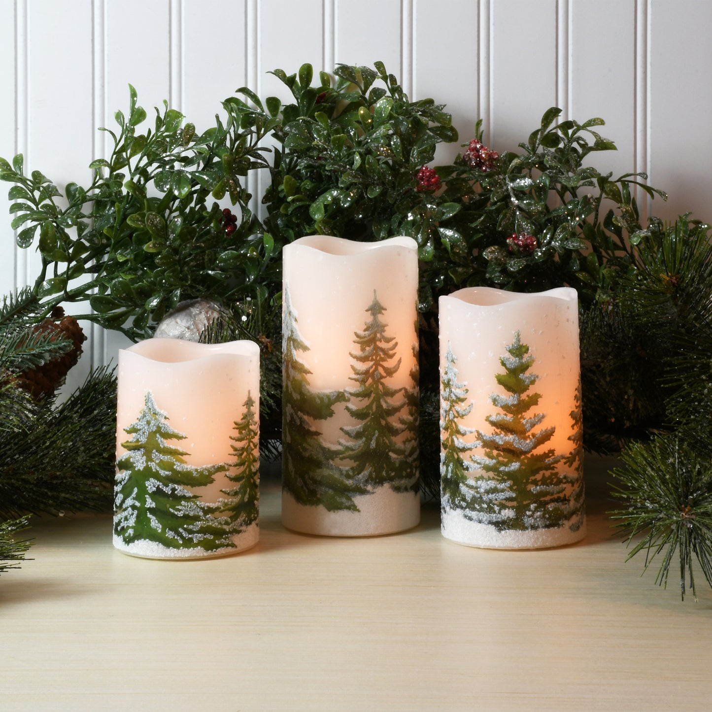 Battery-Operated LED Wax Candles, Green Pines - Set of 3