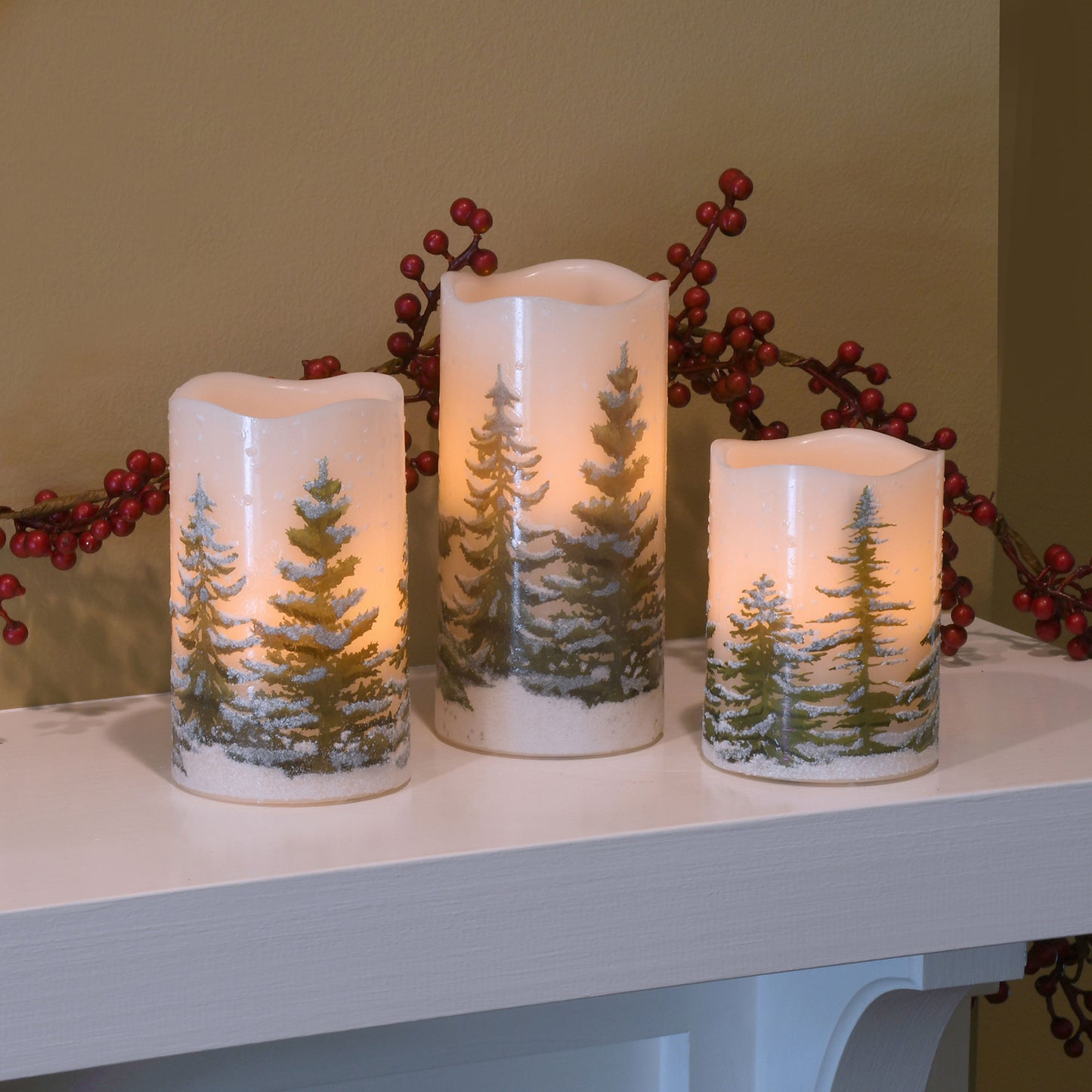 Battery-Operated LED Wax Candles, Green Pines - Set of 3