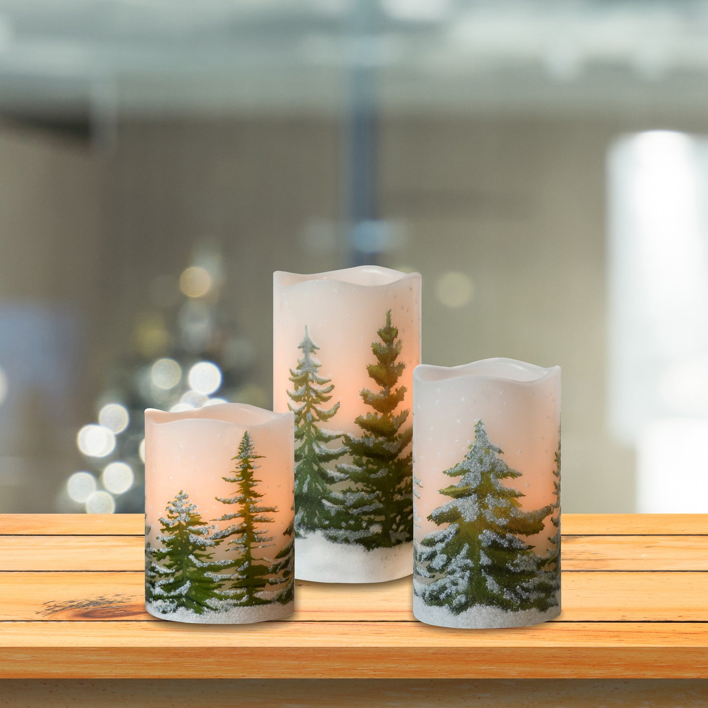 Battery-Operated LED Wax Candles, Green Pines - Set of 3