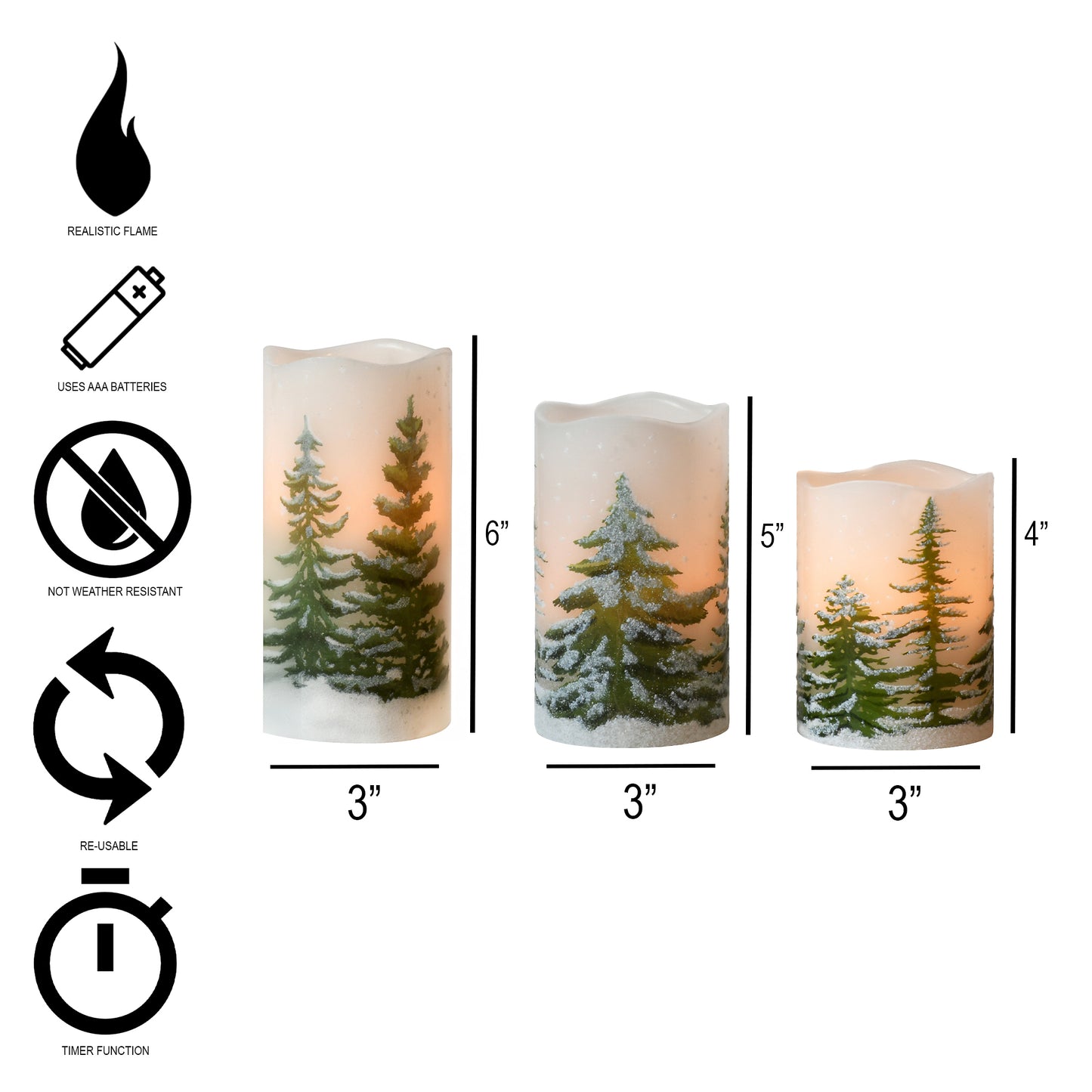 Battery-Operated LED Wax Candles, Green Pines - Set of 3