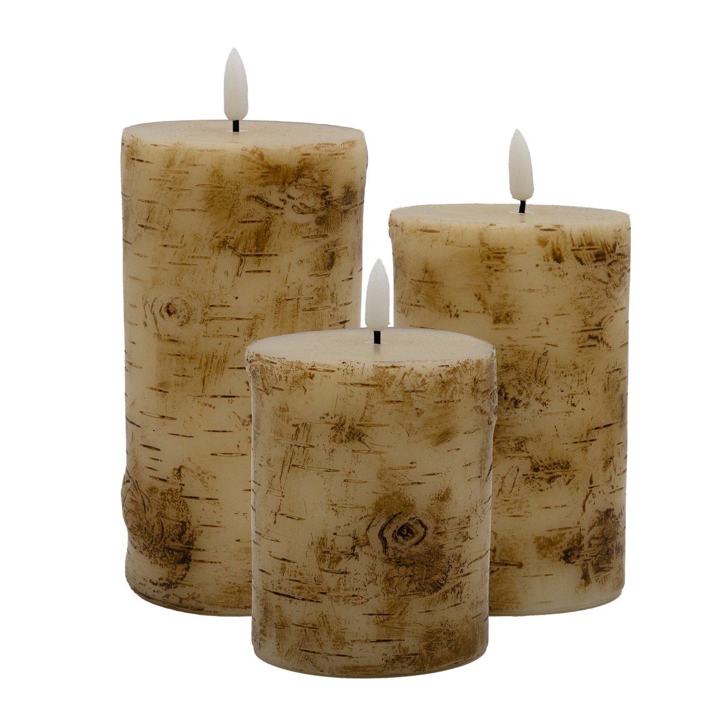 Battery Operated Birch Wood Pillar Candles - Set of 3