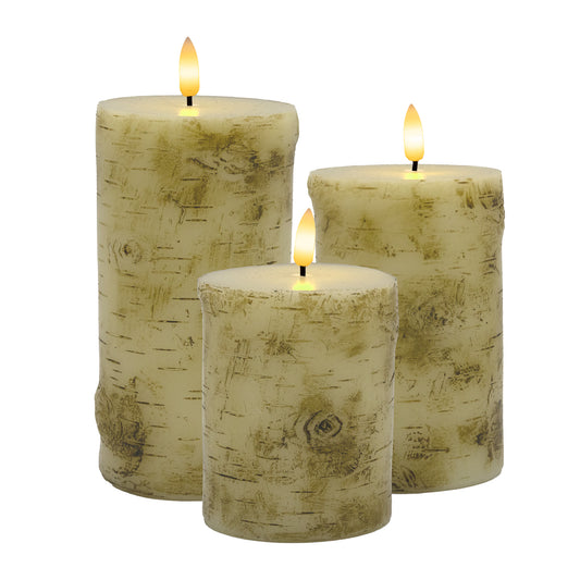 Battery Operated Birch Wood Pillar Candles - Set of 3