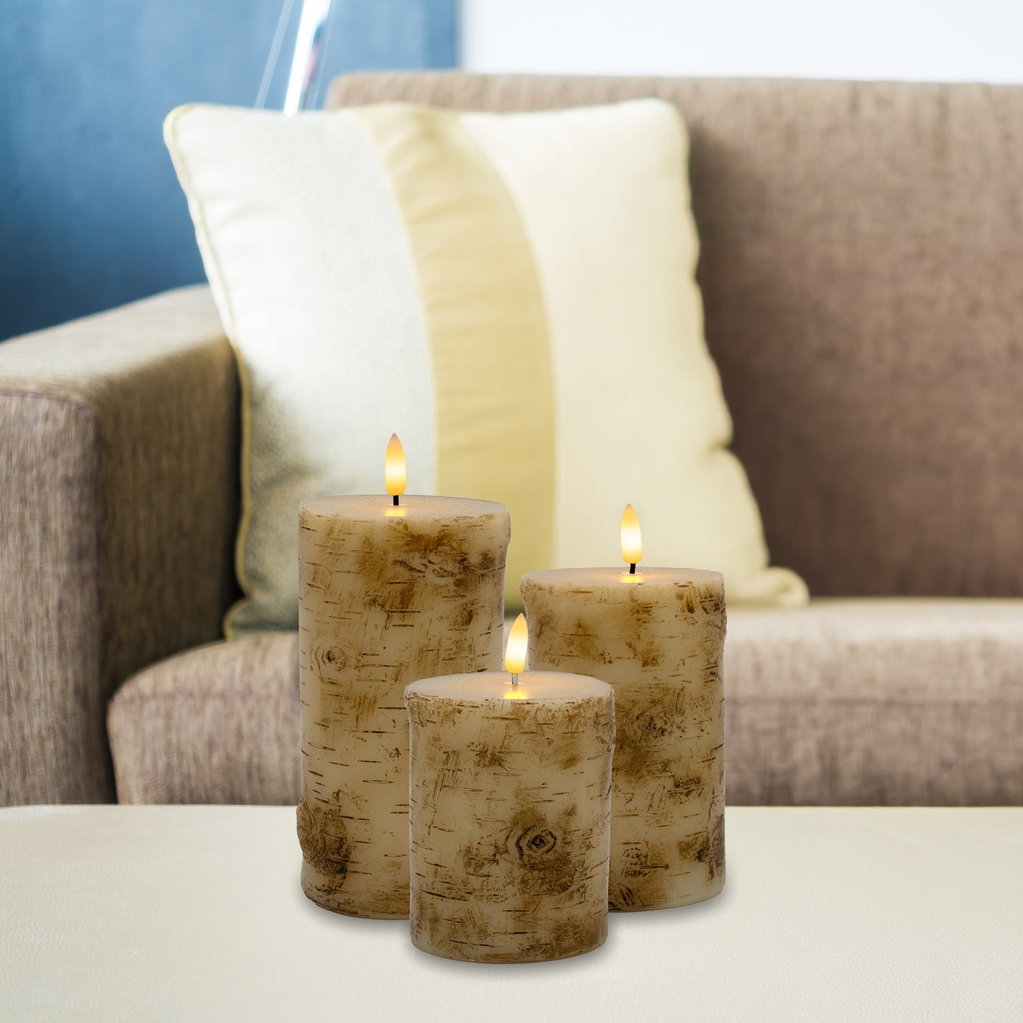 Battery Operated Birch Wood Pillar Candles - Set of 3