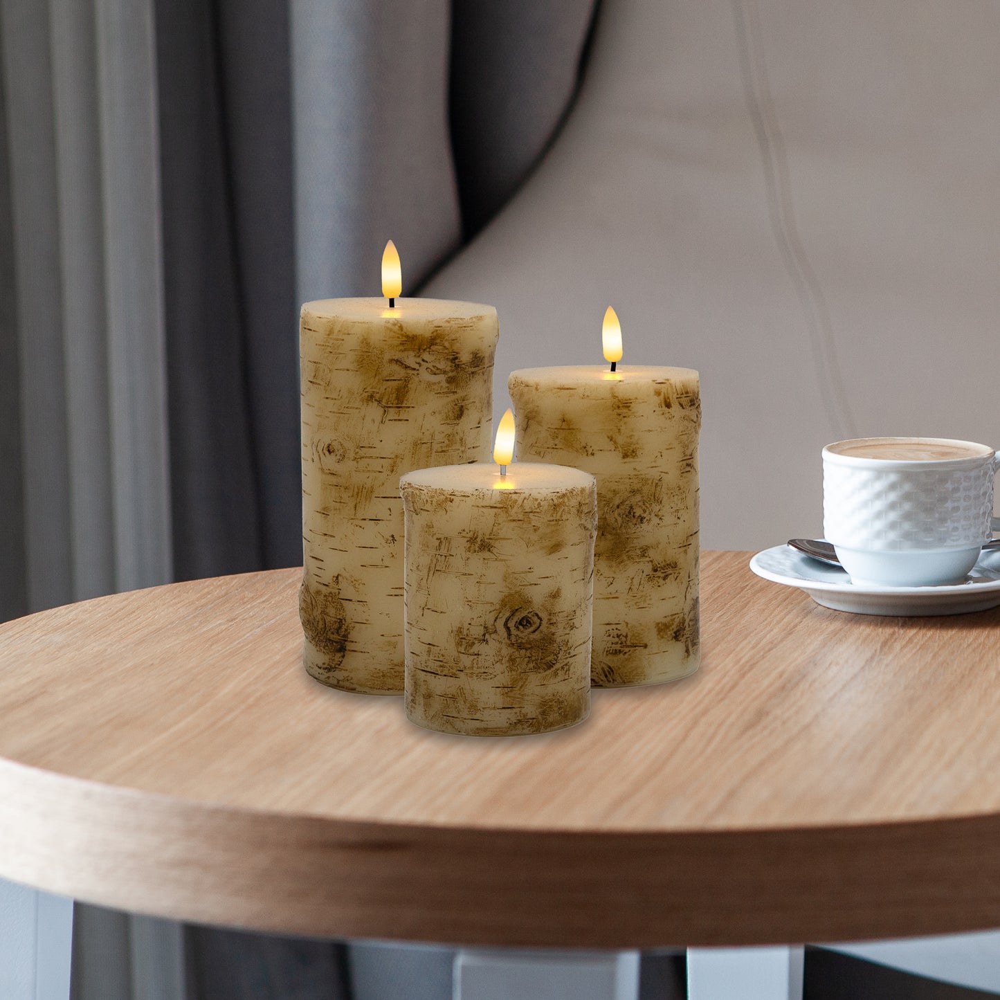 Battery Operated Birch Wood Pillar Candles - Set of 3