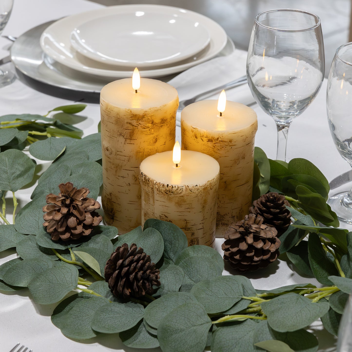 Battery Operated Birch Wood Pillar Candles - Set of 3