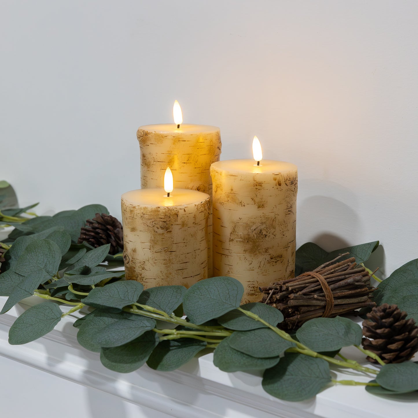 Battery Operated Birch Wood Pillar Candles - Set of 3