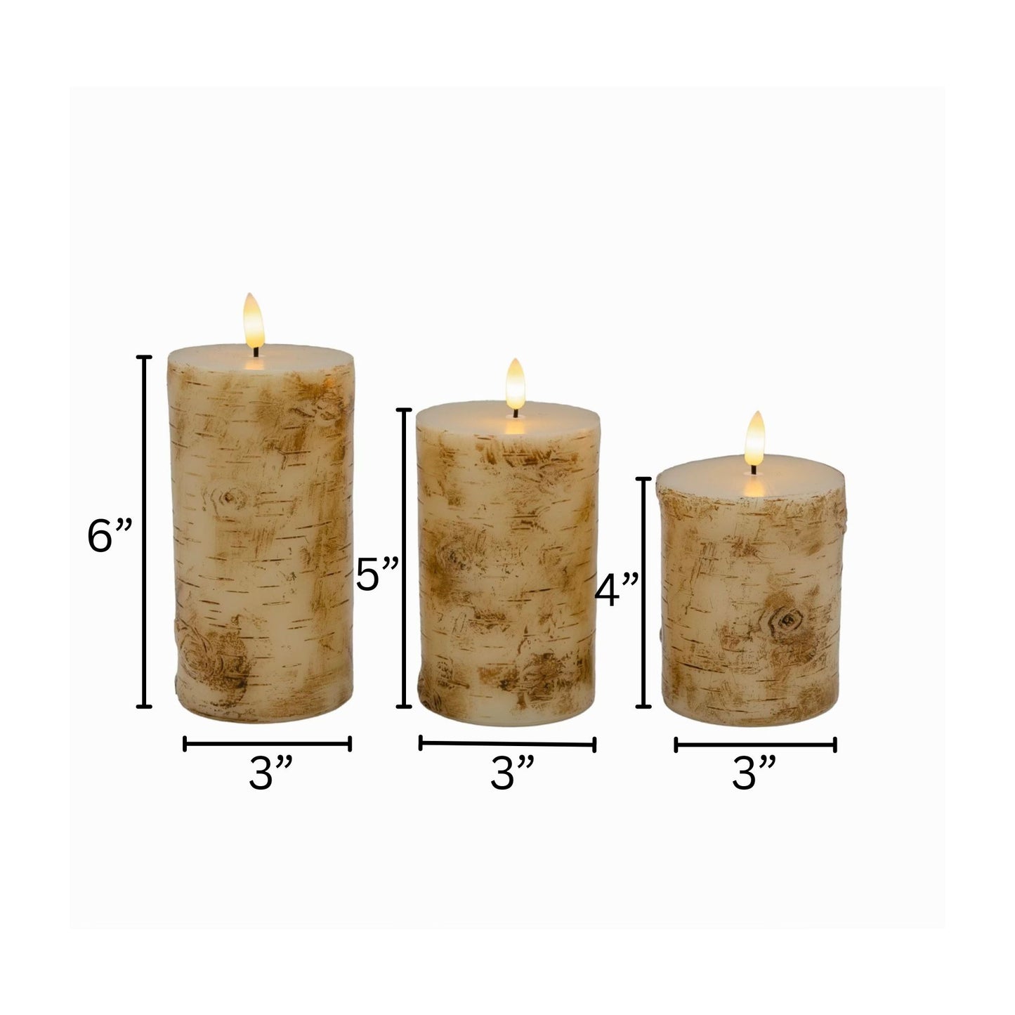 Battery Operated Birch Wood Pillar Candles - Set of 3