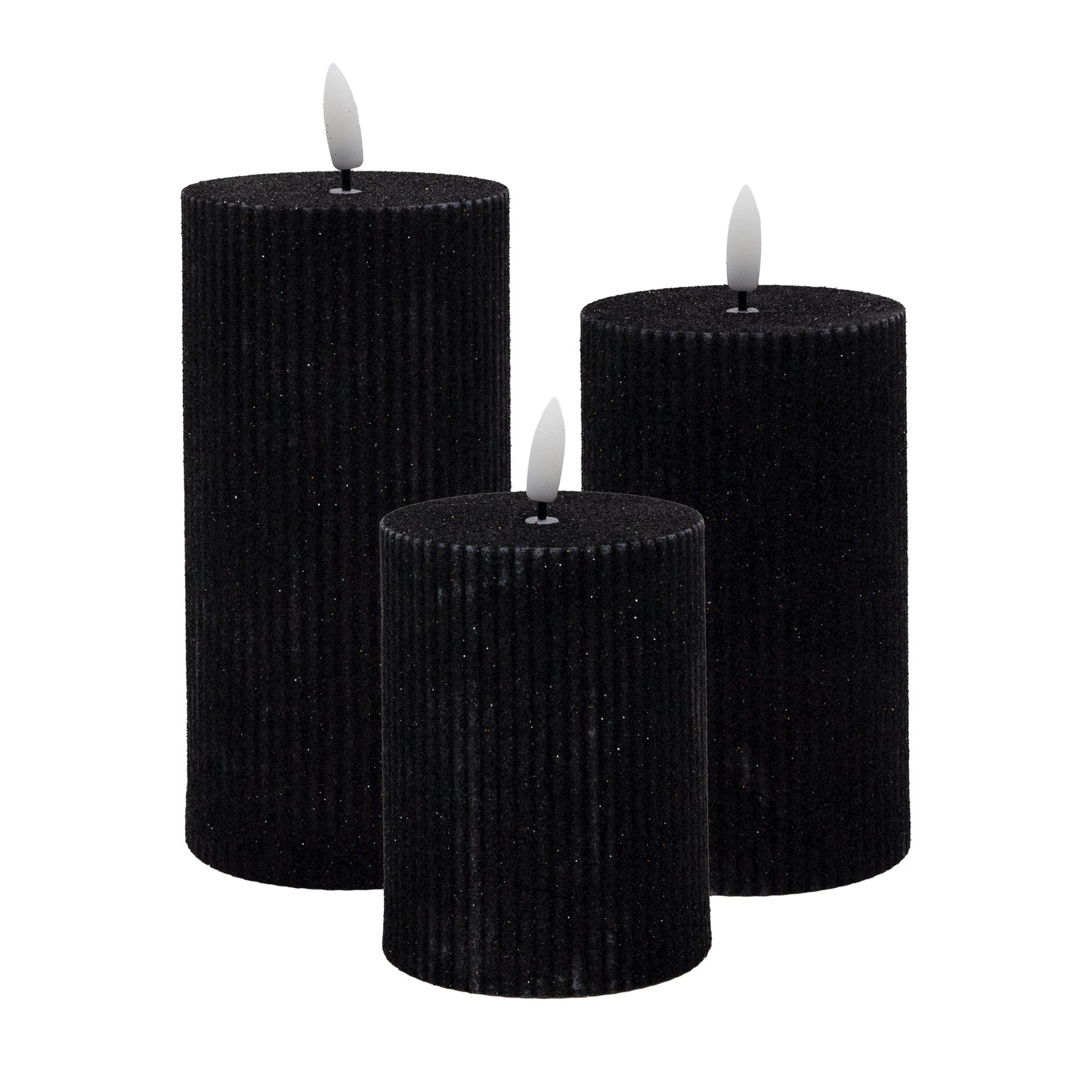 Battery Operated Black Fluted Pillar Candles - Set of 3