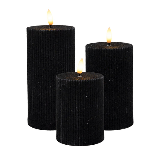 Battery Operated Black Fluted Pillar Candles - Set of 3