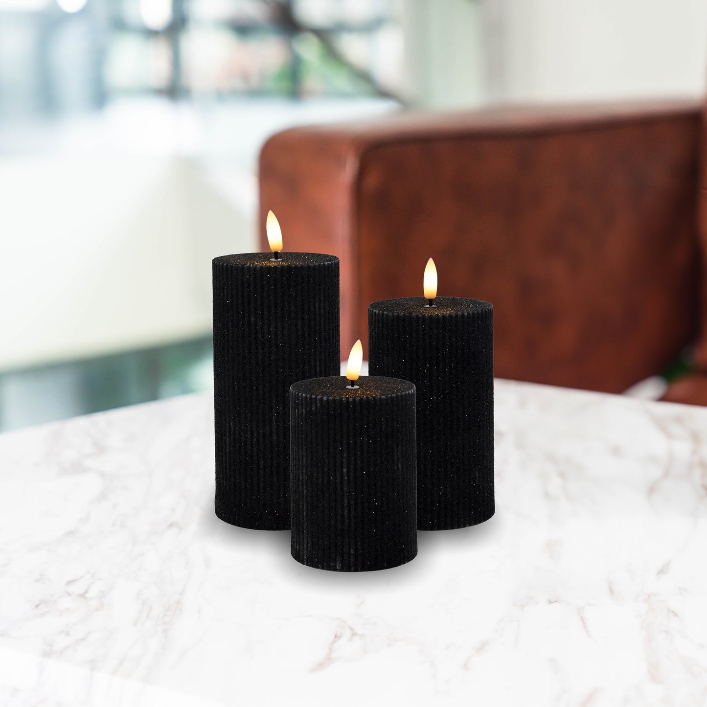 Battery Operated Black Fluted Pillar Candles - Set of 3