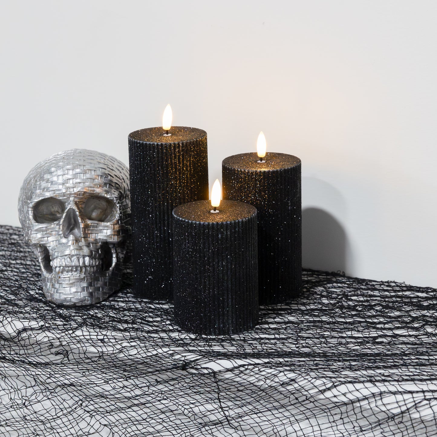 Battery Operated Black Fluted Pillar Candles - Set of 3