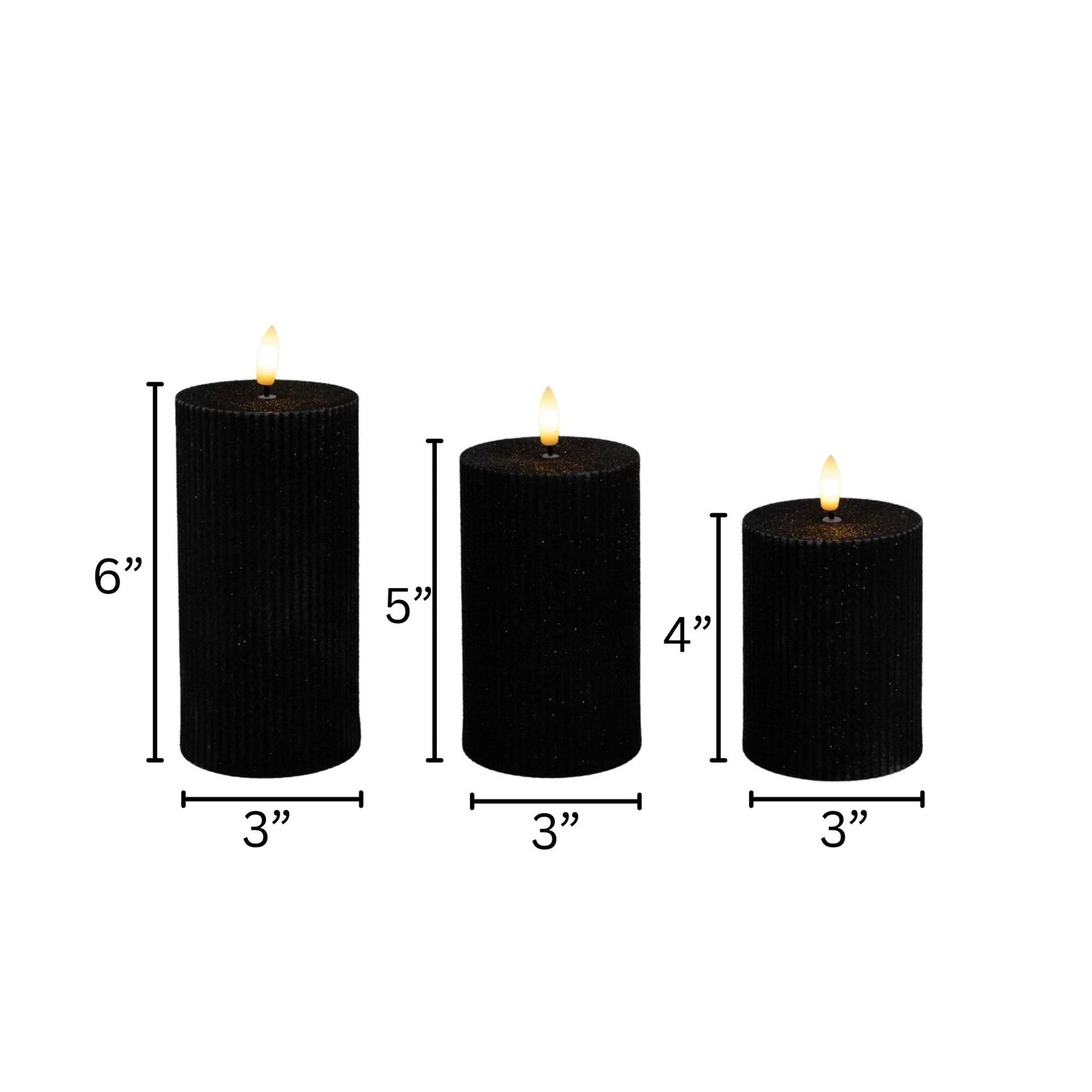 Battery Operated Black Fluted Pillar Candles - Set of 3