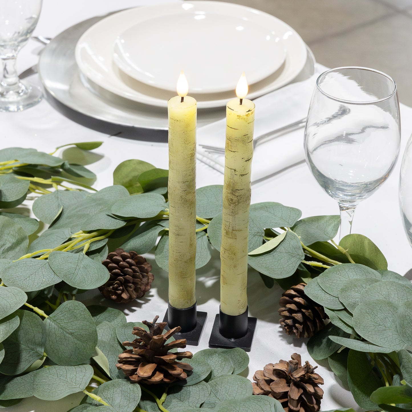 Battery Operated Birch Wood Taper Candles - Set of 2