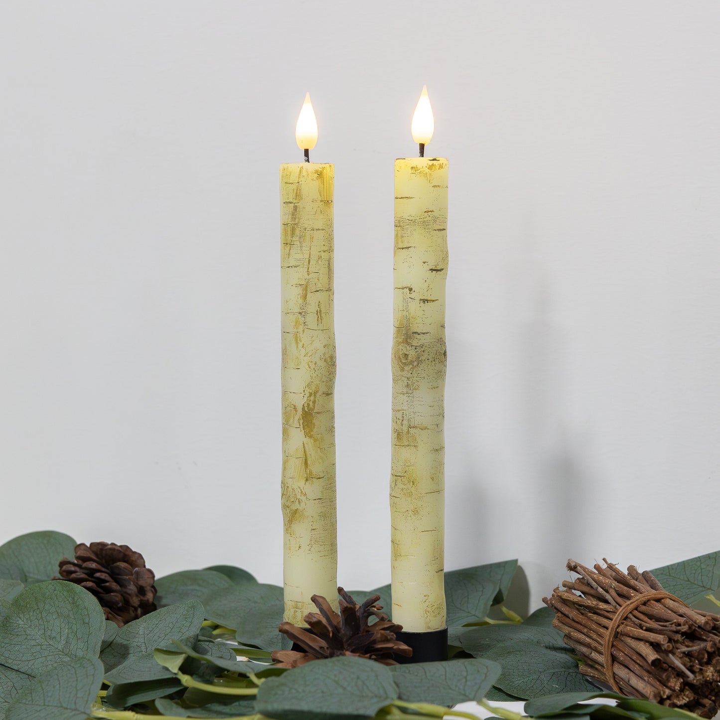 Battery Operated Birch Wood Taper Candles - Set of 2