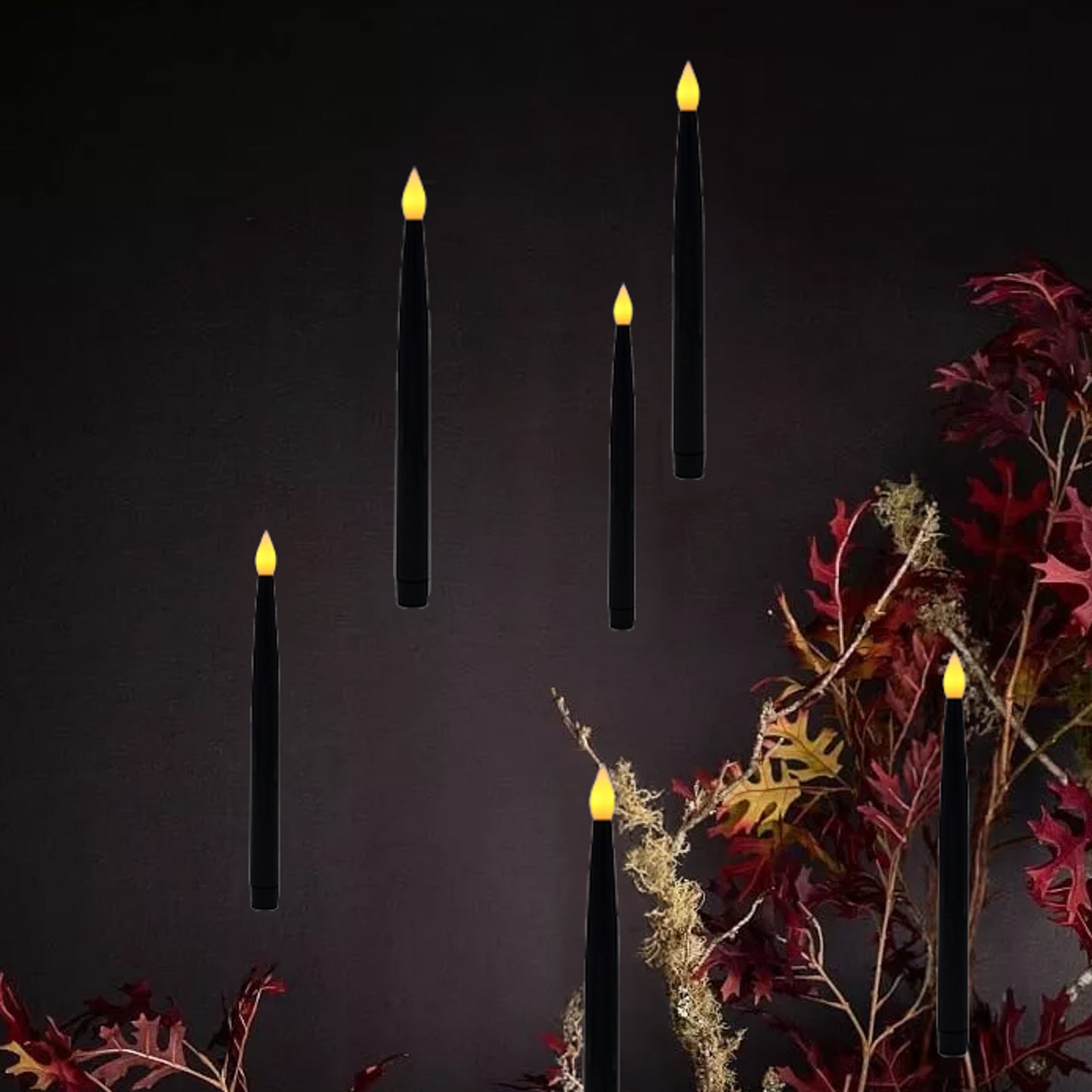 Battery Operated Hanging Black Taper Candles - Set of 6