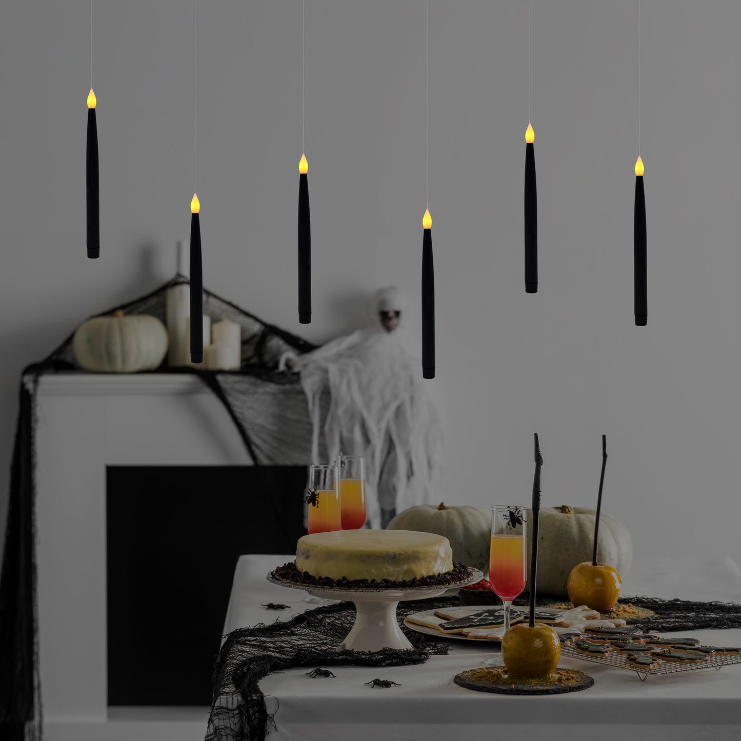 Battery Operated Hanging Black Taper Candles - Set of 6