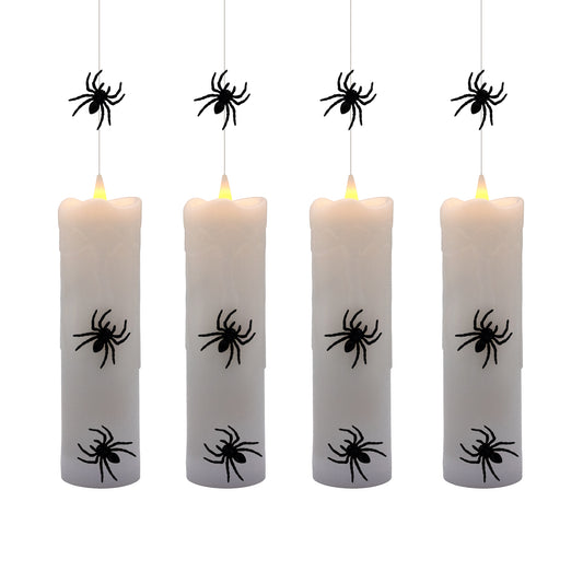 Battery Operated Hanging Pillar Candles with Spiders - Set of 4