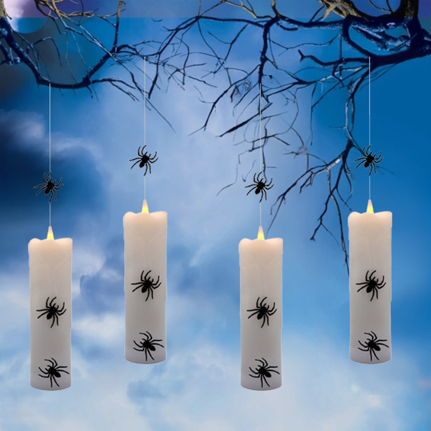 Battery Operated Hanging Pillar Candles with Spiders - Set of 4