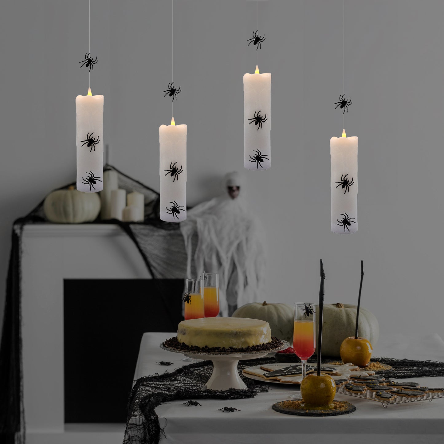 Battery Operated Hanging Pillar Candles with Spiders - Set of 4