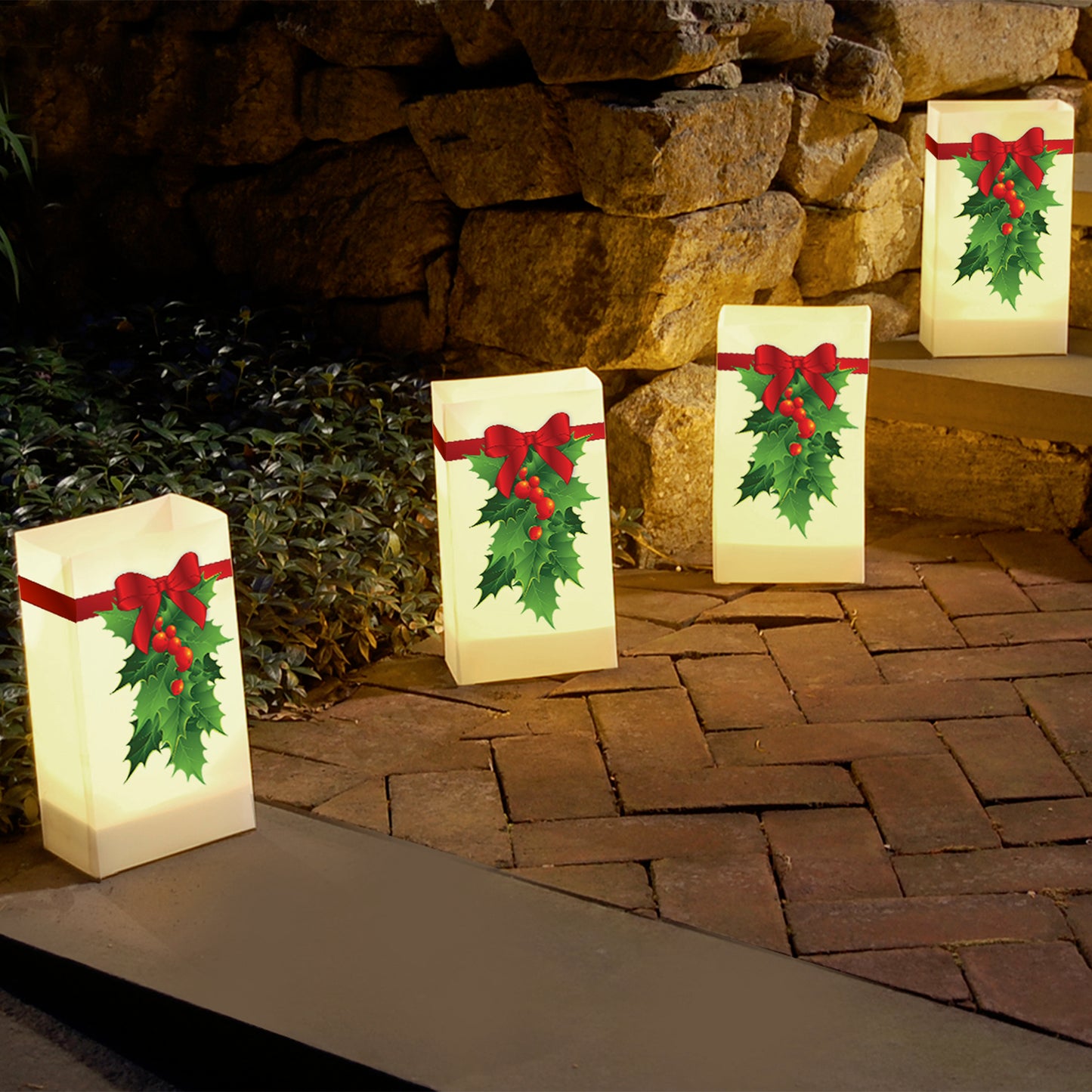 Plastic Luminaria Bags, Holly - Set of 12