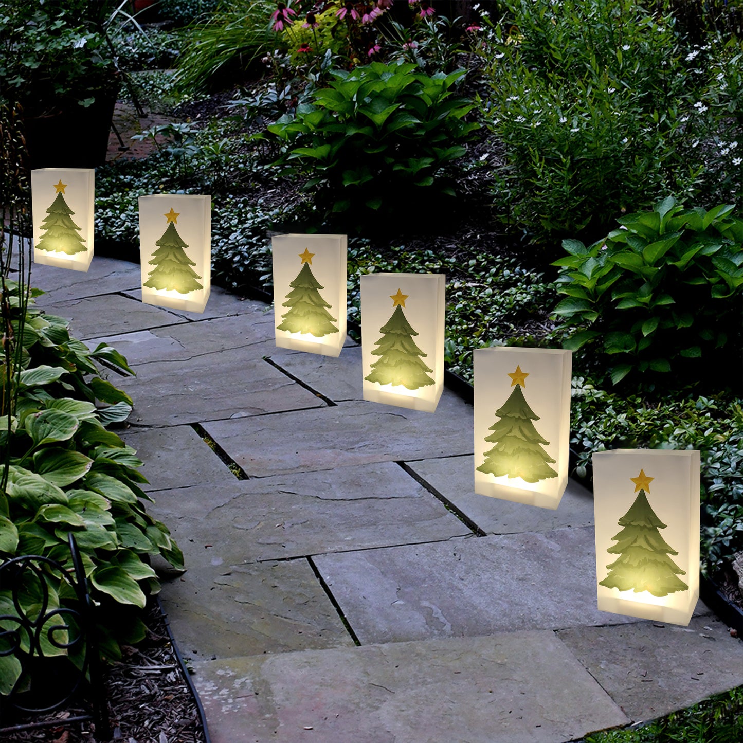 Plastic Luminaria Bags, Holiday Tree - Set of 12