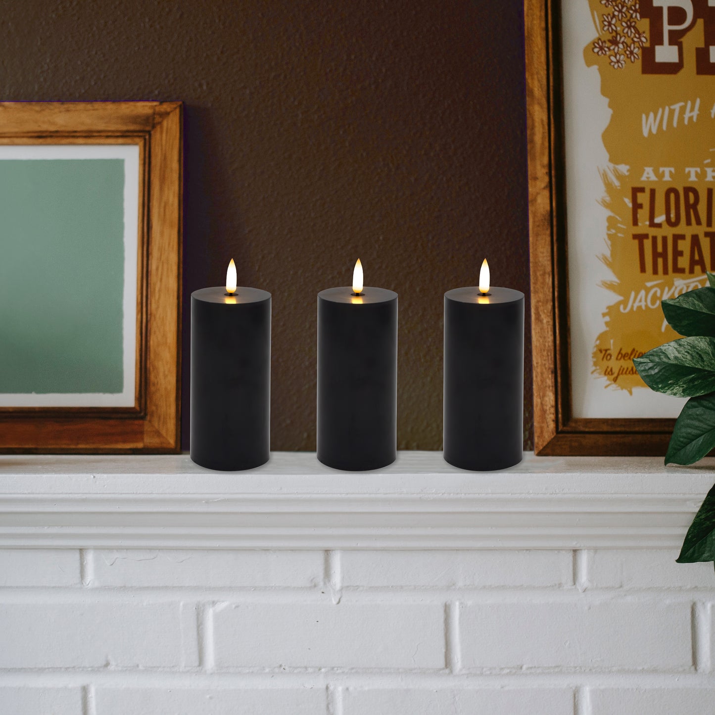 Battery Operated 3D Wick Pillar Candles, - Set of 3