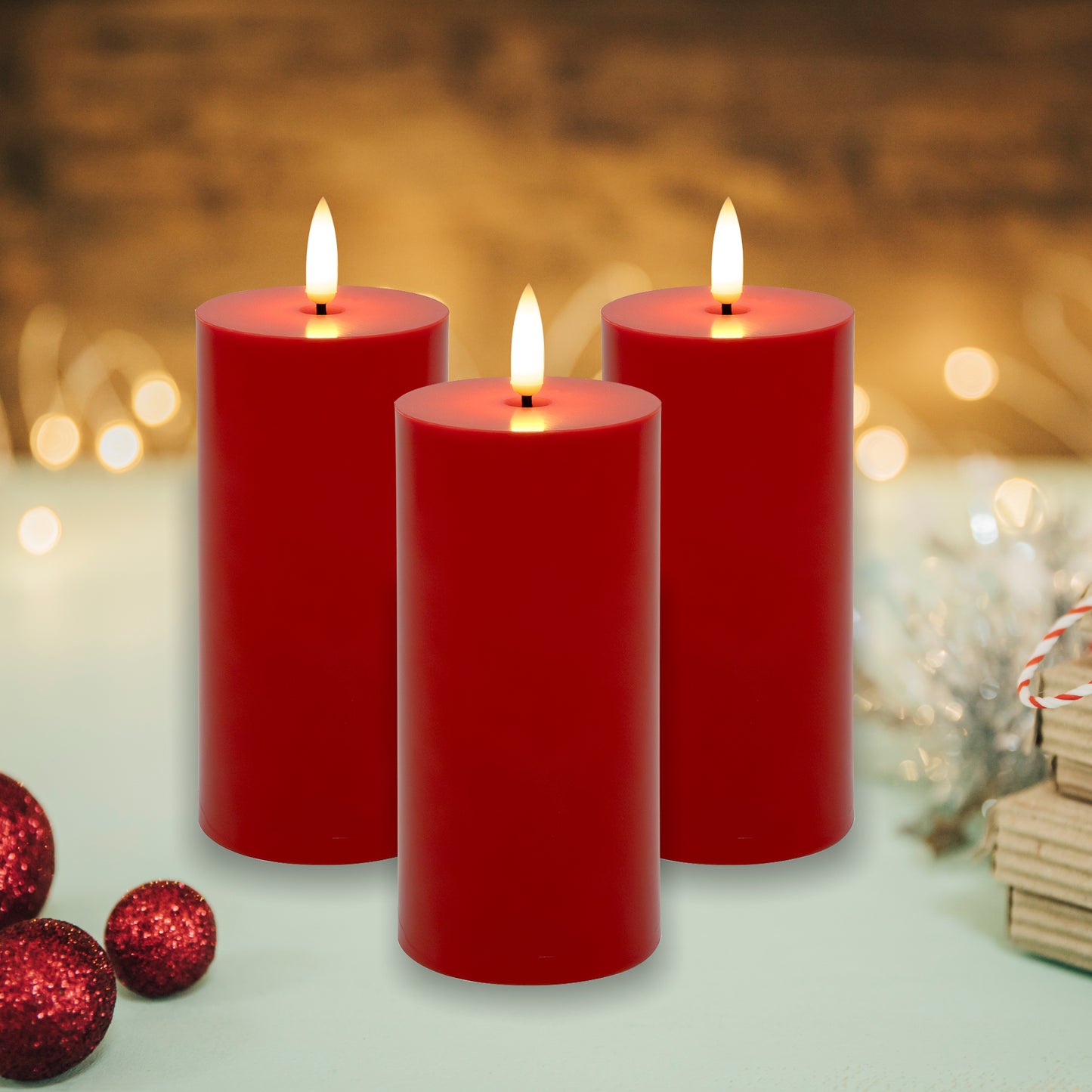 Battery Operated 3D Wick Pillar Candles, - Set of 3