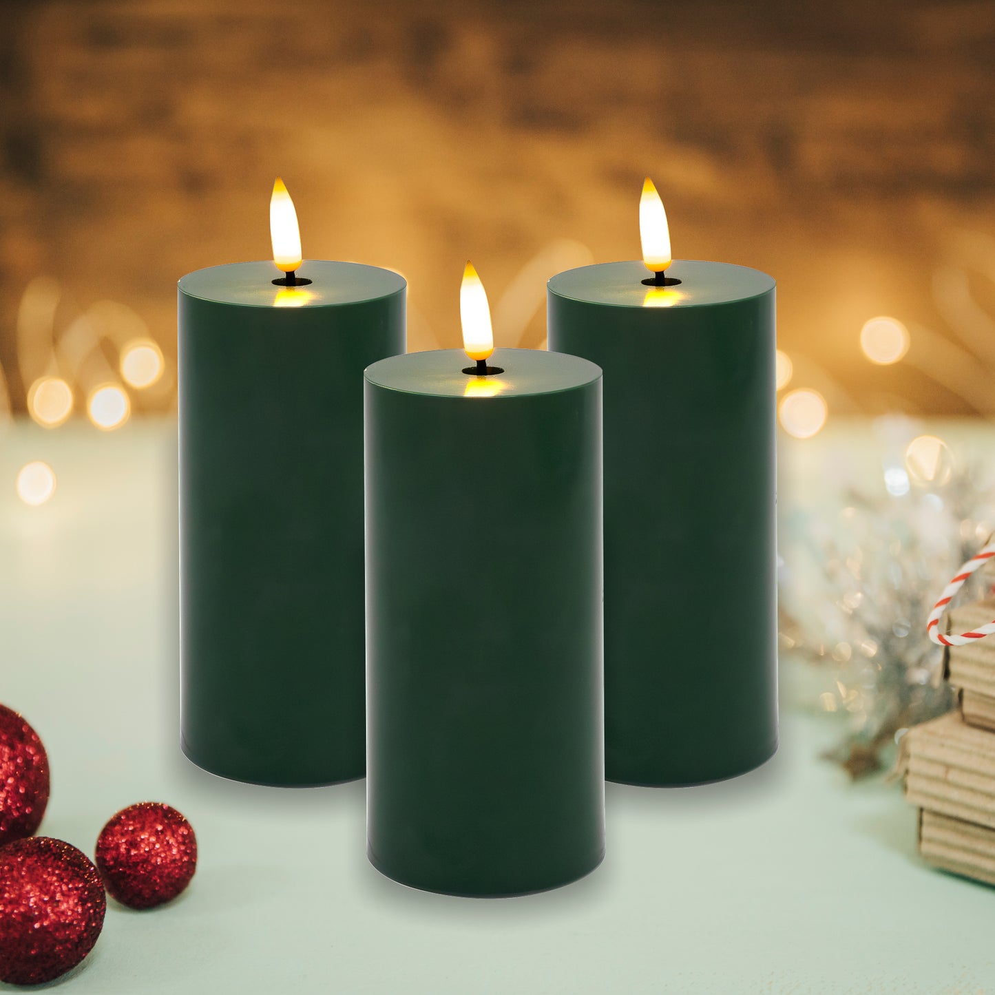 Battery Operated 3D Wick Pillar Candles, - Set of 3