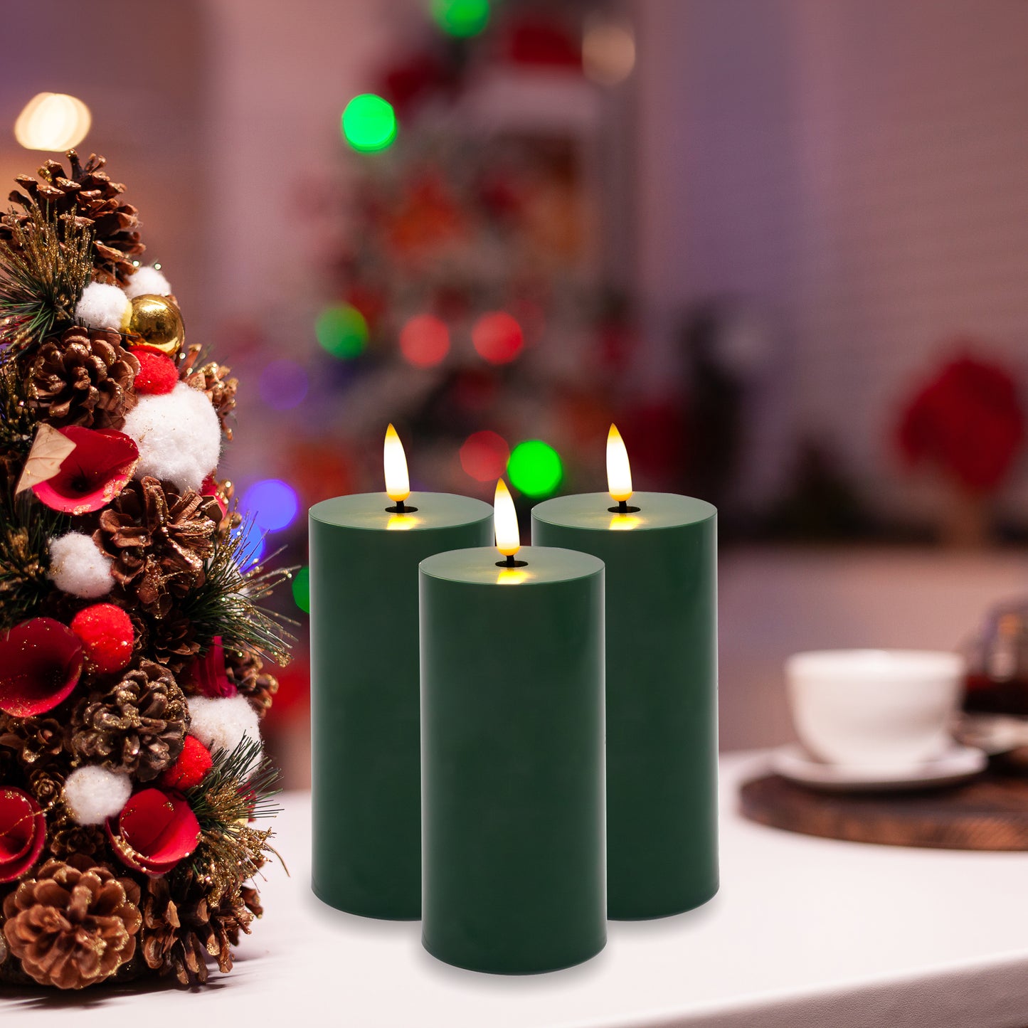 Battery Operated 3D Wick Pillar Candles, - Set of 3