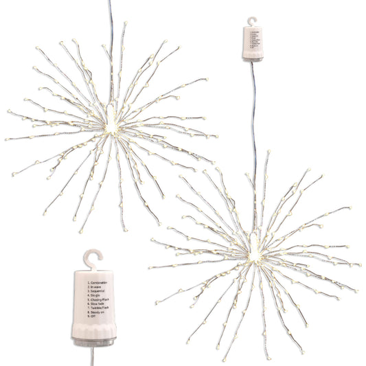 Battery Operated Starburst Lights with Remote Control - Set of 2 - Warm White with Silver Wire