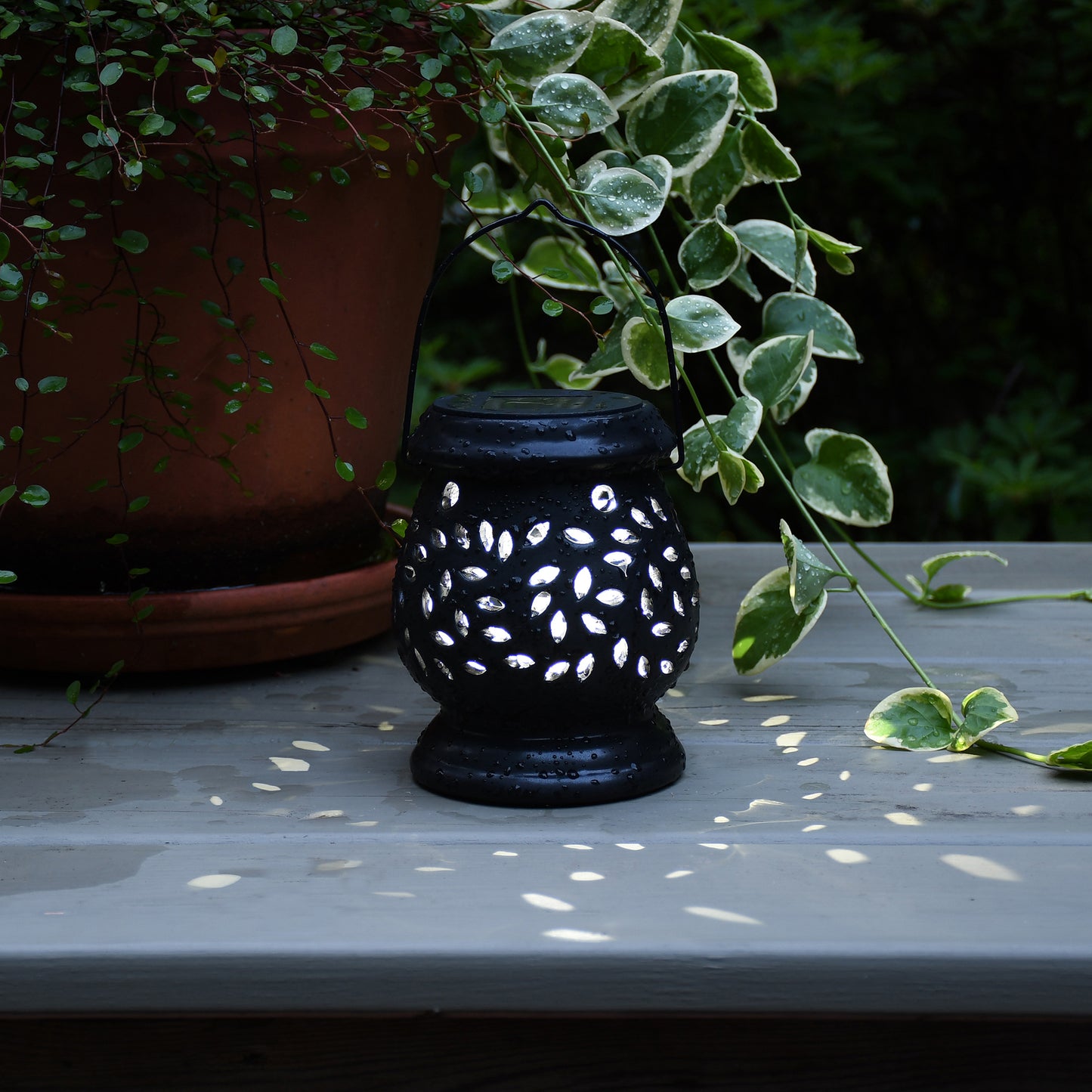 Solar Powered Black Ceramic Lantern with LED Light