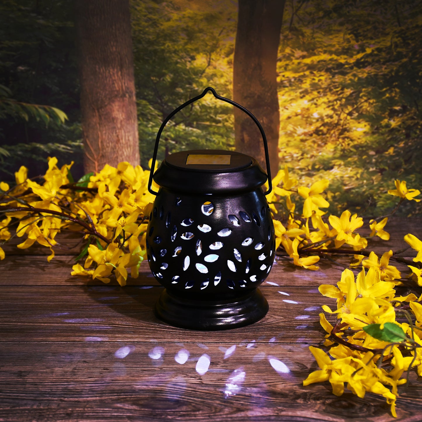 Solar Powered Black Ceramic Lantern with LED Light