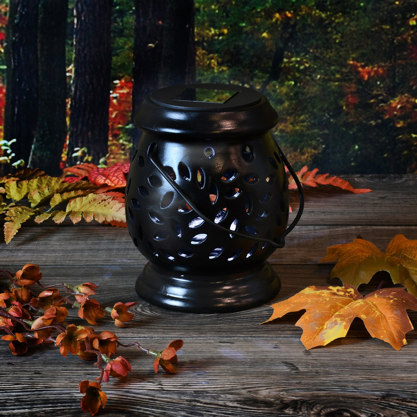 Solar Powered Black Ceramic Lantern with LED Light